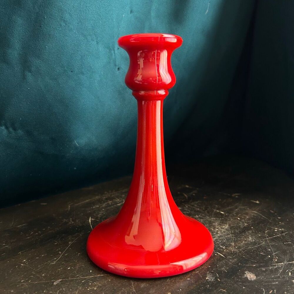 1920’s Northwood Glass Chinese Coral Red Candlestick Rainbow Line Cadmium UV Glo